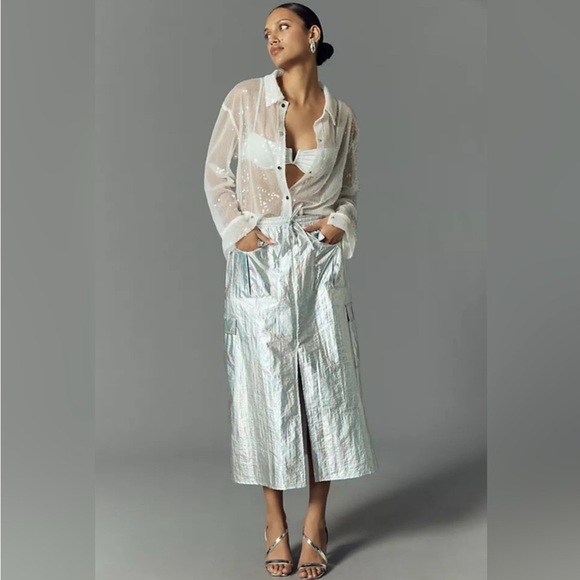 Anthropologie Dresses & Skirts - Anthropologie Metallic Shine Cargo Midi Skirt Silver Size L